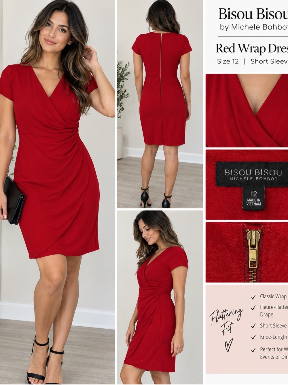 Bisou Bisou by Michele Bohbot Red‎ Wrap Dress – Size 12, Short Sleeve